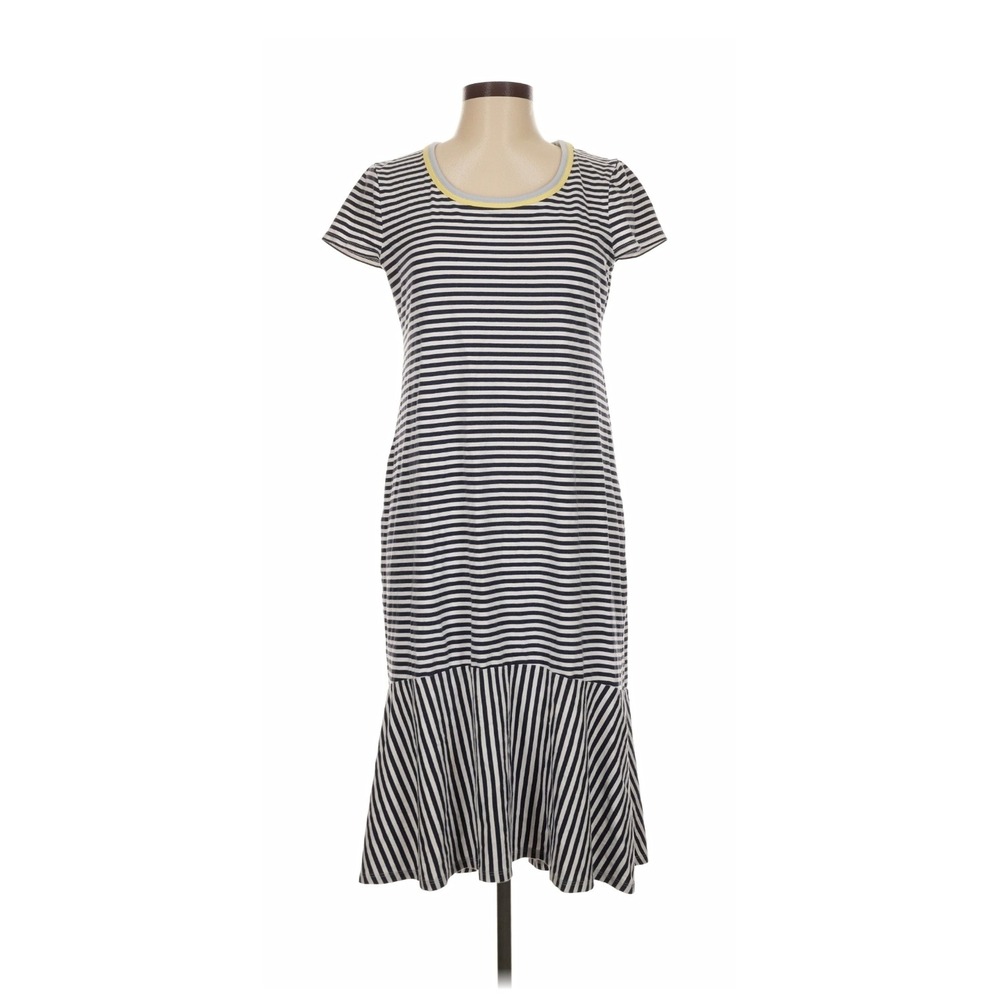 Ella Moss Womens Navy Blue White Striped Short Sleeve Flounce Hem Midi Dress M